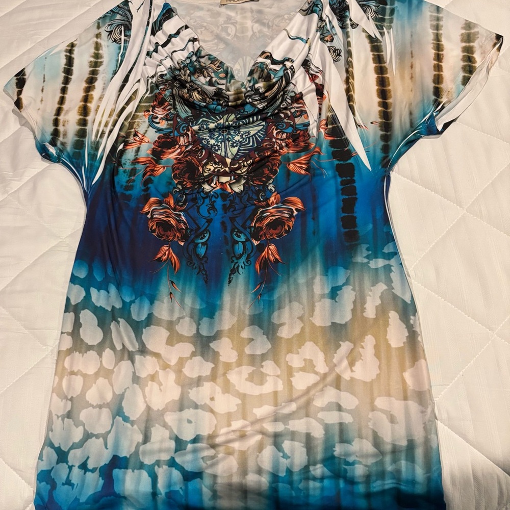 Arden B Blue and Orange Graphic Dress, Front Draped, Size Medium